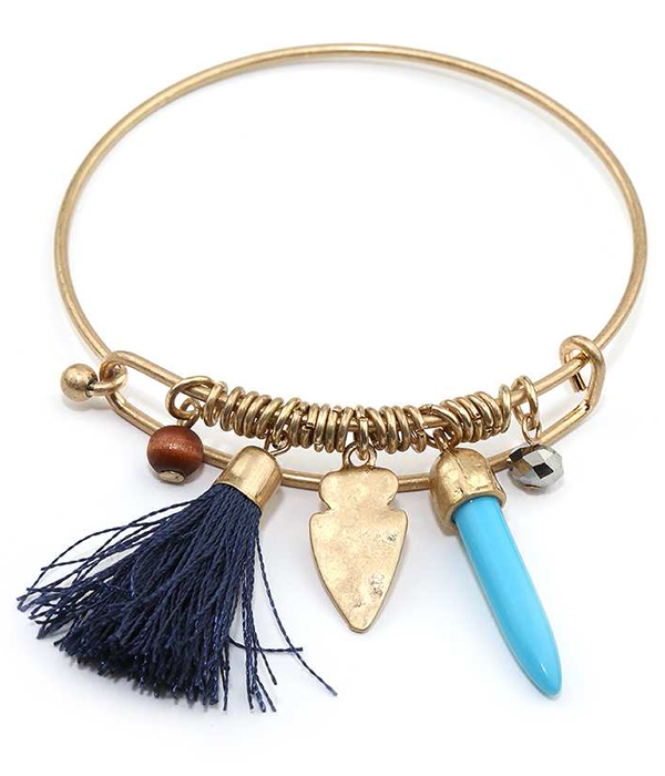 Arrowhead and tassel charm wire bangle bracelet