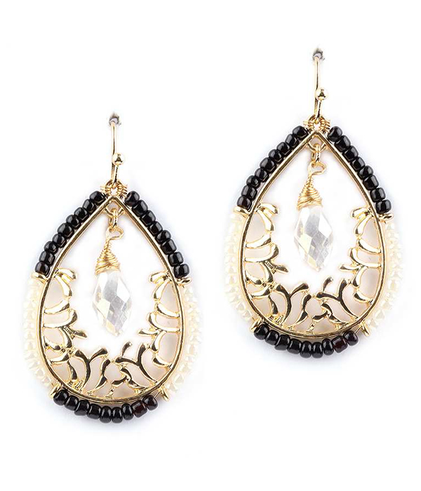 METAL FILIGREE AND BEAD TEARDROP EARRING