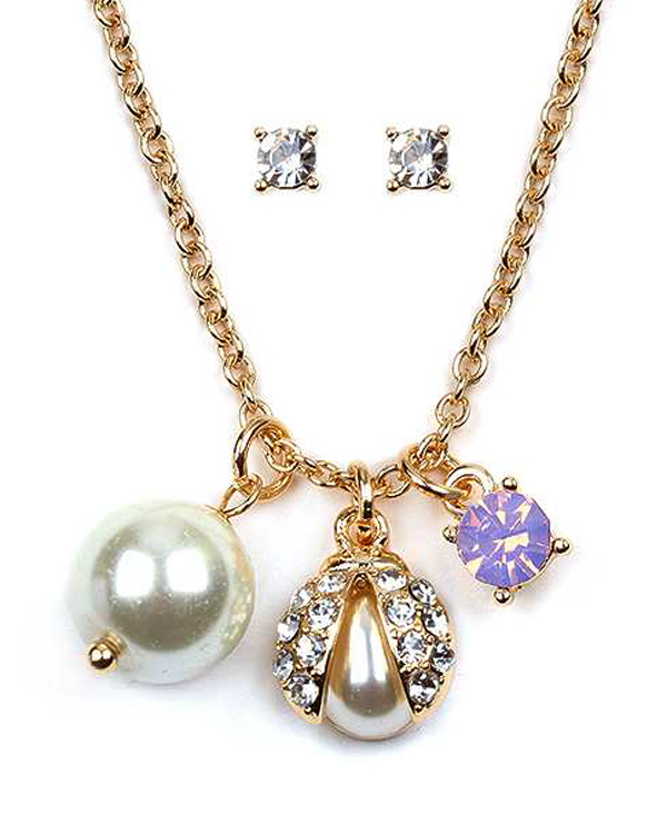 Crystal and pearl ladybug necklace set