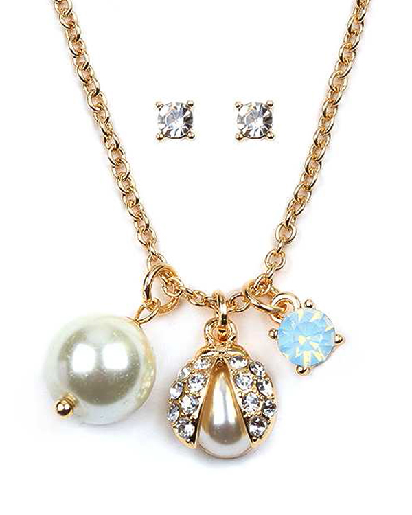 Crystal and pearl ladybug necklace set