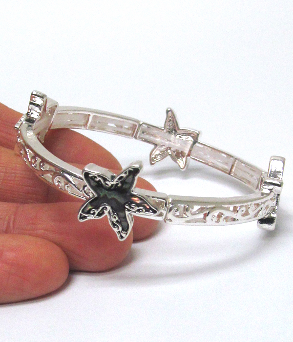 Textured metal and abalone starfish stretch bracelet