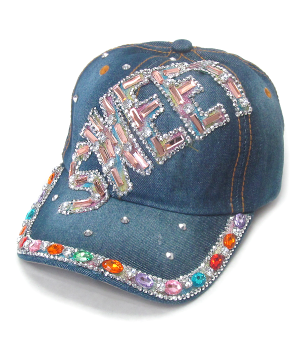 Rhinestone worn denim cap - sweet