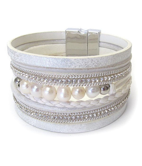 Freshwater pearl and multi layer metalic leather magnetic bracelet