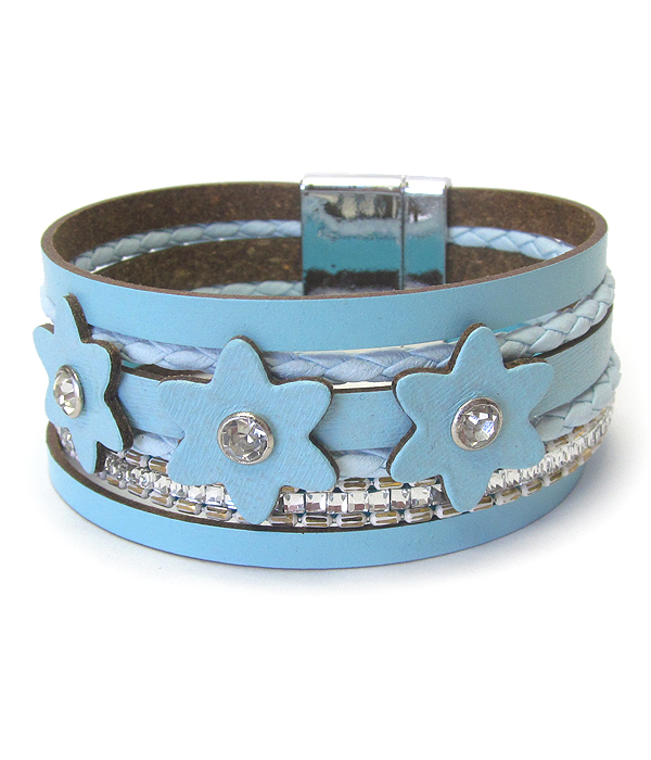 Crystal center flower and multi layer leather magnetic bracelet