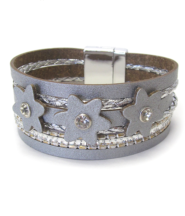 Crystal center flower and multi layer leather magnetic bracelet