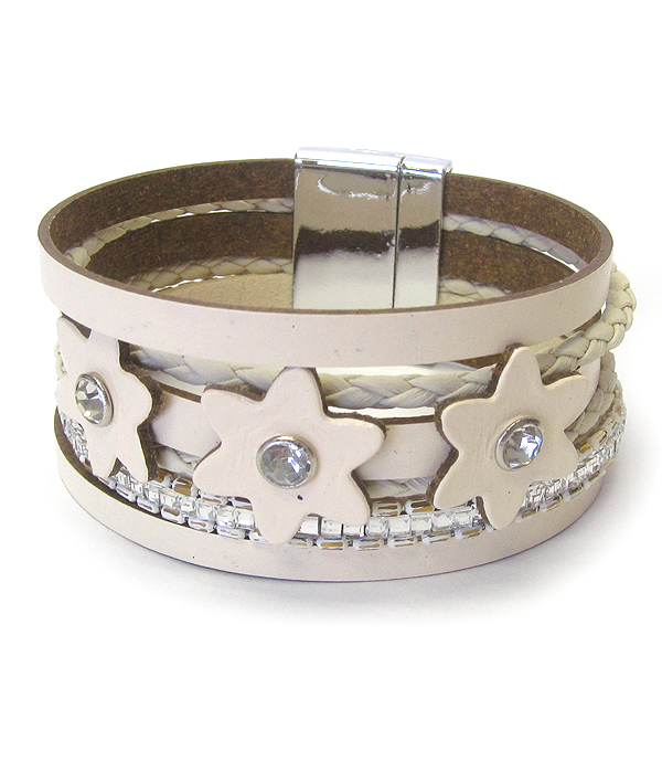 Crystal center flower and multi layer leather magnetic bracelet