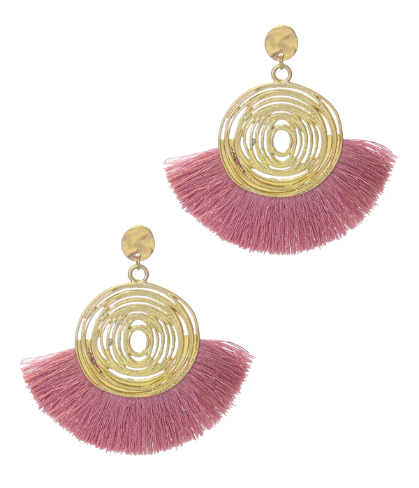Metal swirl disc and thread tassel earring