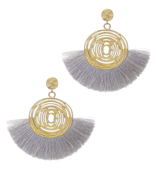 Metal swirl disc and thread tassel earring