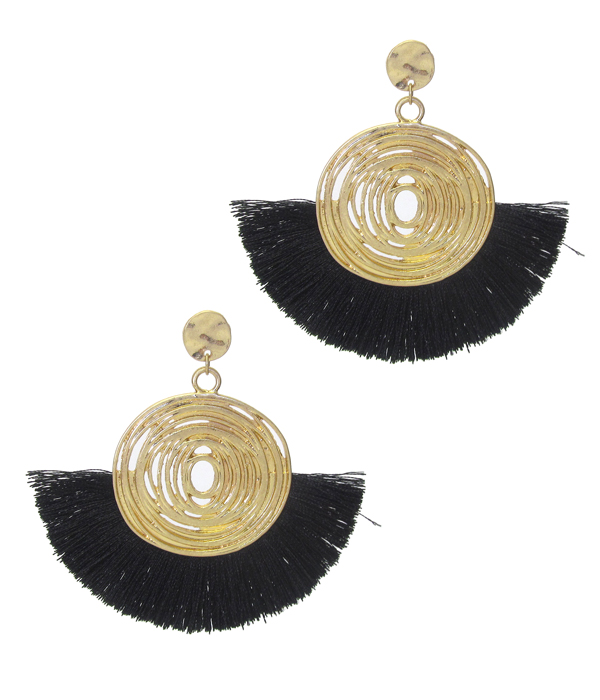 Metal swirl disc and thread tassel earring