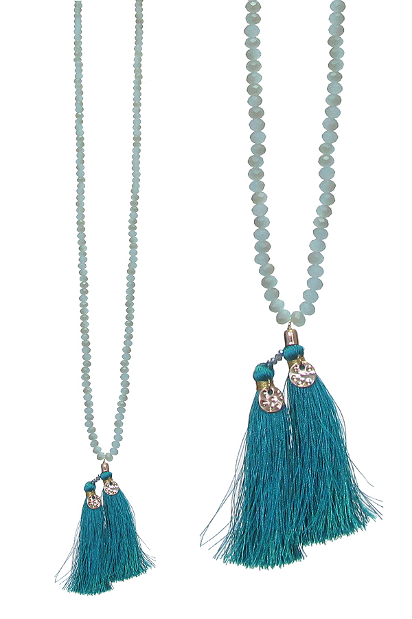 Multi facet bead and double thread tassel long necklace