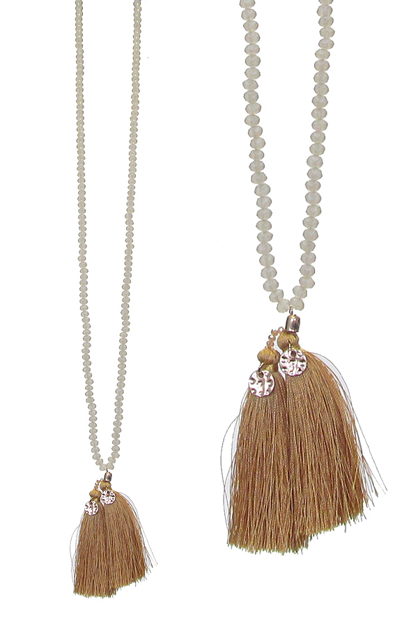 Multi facet bead and double thread tassel long necklace