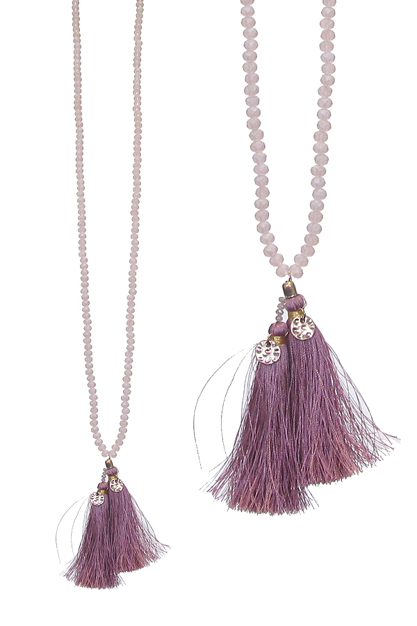 Multi facet bead and double thread tassel long necklace