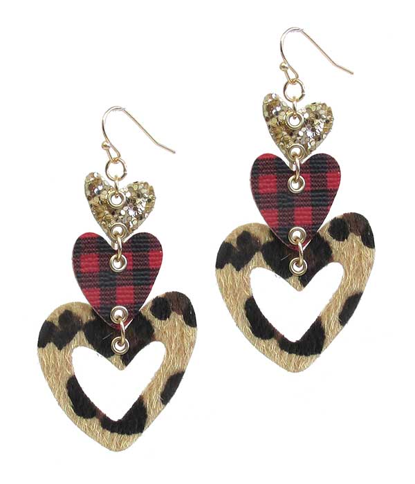 BUFFALO PLAID CHECK PATTERN AND GLITTERING TRIPLE HEART DROP EARRING -valentine