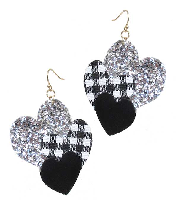 BUFFALO PLAID CHECK PATTERN AND GLITTERING TRIPLE HEART EARRING -valentine