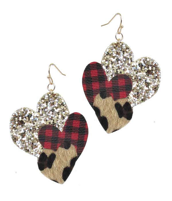 BUFFALO PLAID CHECK PATTERN AND GLITTERING TRIPLE HEART EARRING -valentine