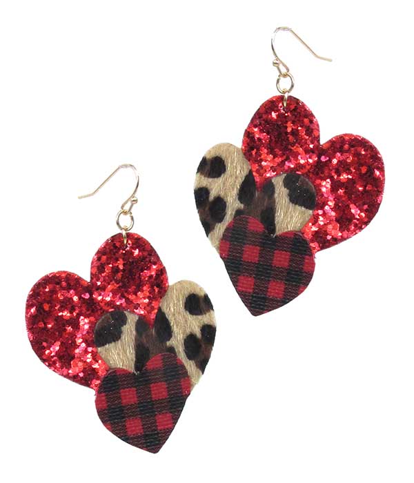 BUFFALO PLAID CHECK PATTERN AND GLITTERING TRIPLE HEART EARRING -valentine