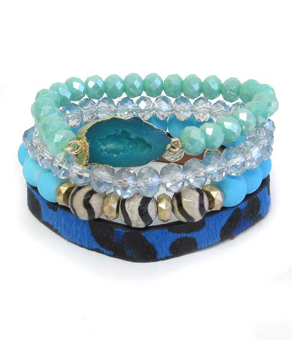 DRUZY AND MULTI FACET GLASS BEAD LEOPARD LEATHERETTE STRETCH 4 BRACELET SET