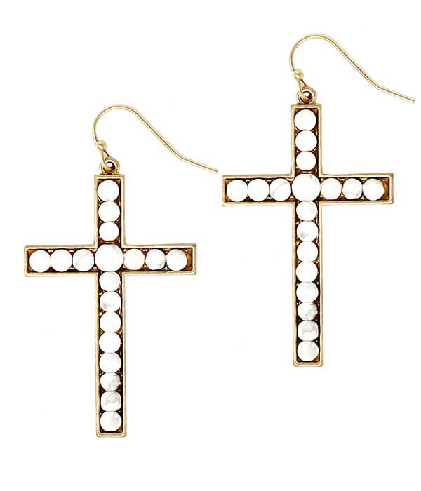 SEMI PRECIOUS STONE CROSS EARRING - HOWLITE