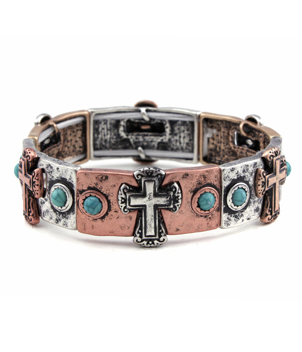 VINTAGE METAL CROSS AND TURQUOISE STRETCH BRACELET