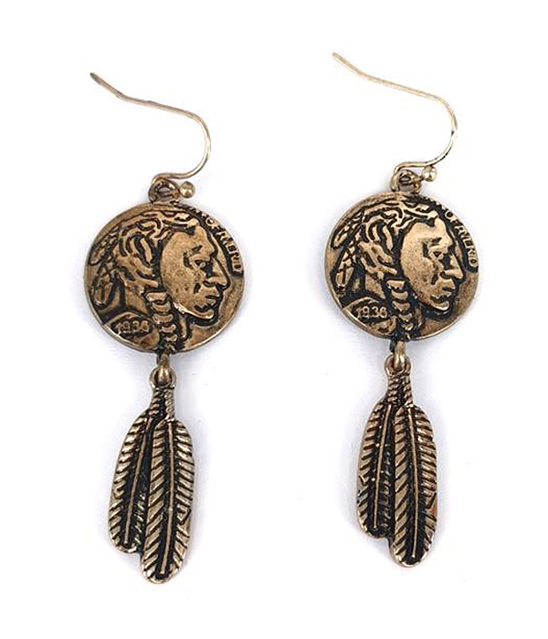 NAVAJO THEME DISC AND FEATHER DROP EARRING - INDIAN