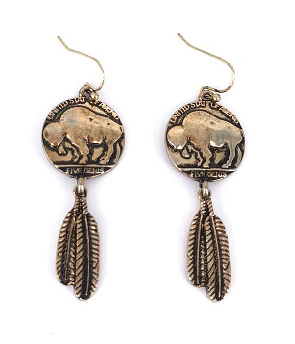 NAVAJO THEME DISC AND FEATHER DROP EARRING - BUFFALO