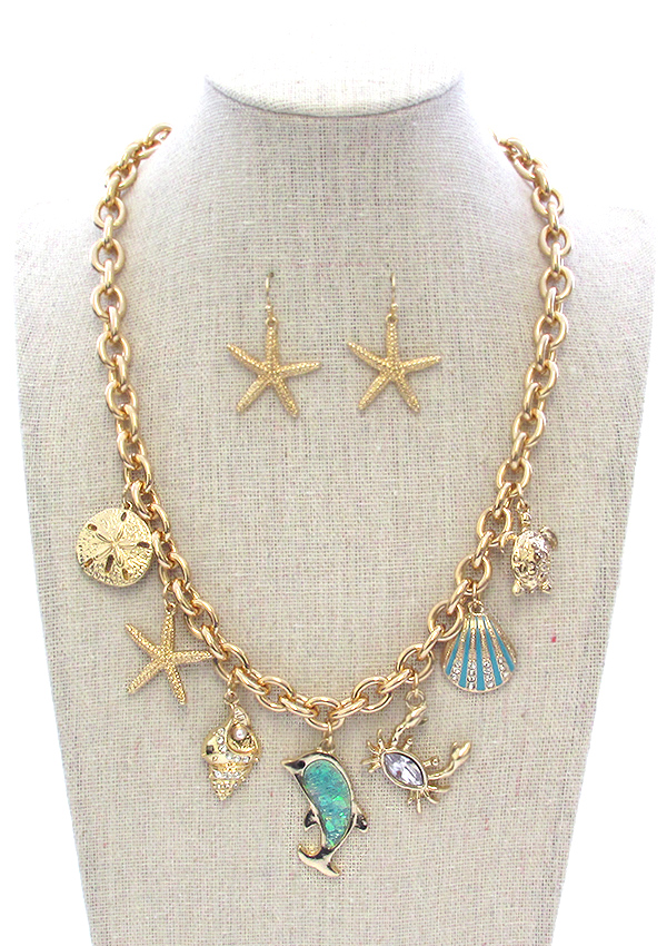 SEALIFE THEME MULTI CHARM DANGLE NECKLACE - DOLPHIN STARFISH CRAB