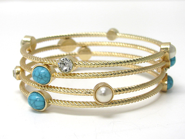 Crystal and multi stone deco multi row metal bangle