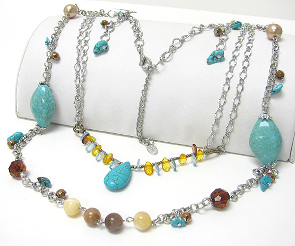 TURQUOISE AND NATURAL STONE BALL LINK LONG NECKLACE EARRING SET