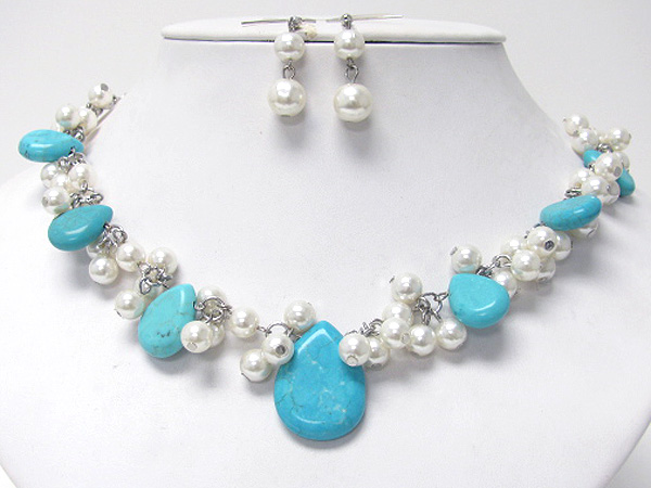 TURQUOISE AND MULTI PEARL DECO NECKLACE EARRING SET