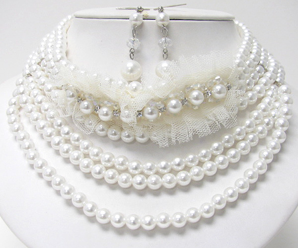 MULTI PEARL AND FABRIC DECO CENTER NECKLACE EARRING SET