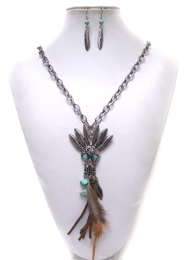 Skeleton skull pendant with feather necklace set
