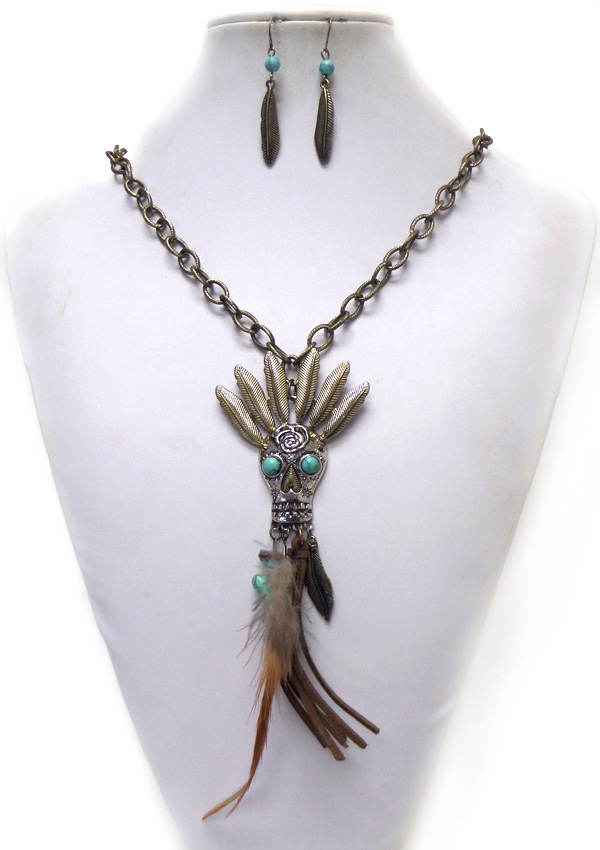 Skeleton skull pendant with feather necklace set