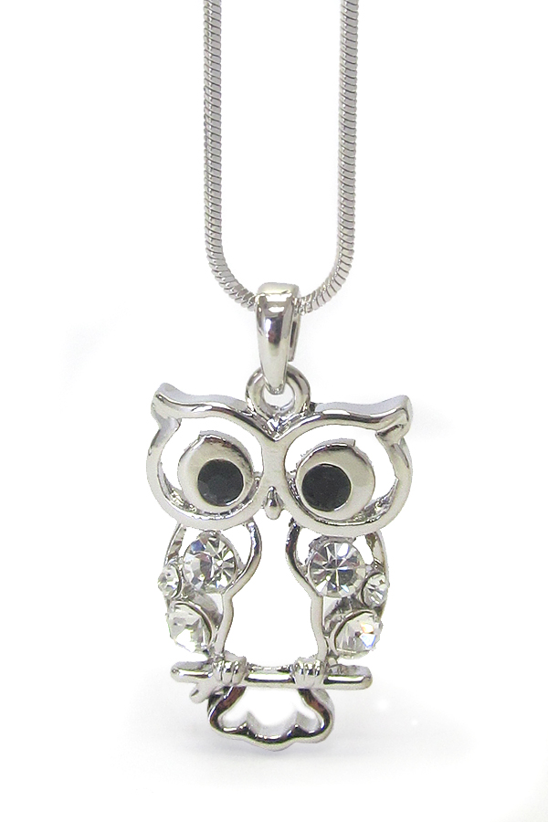 WHITEGOLD PLATING CRYSTAL STUD OWL PENDANT NECKLACE