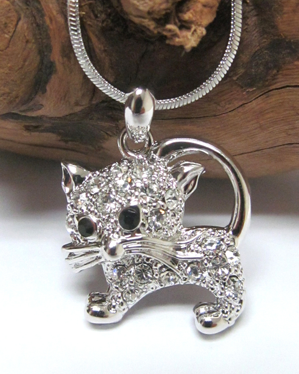 Made in korea whitegold plating crystal stud cat pendant necklace