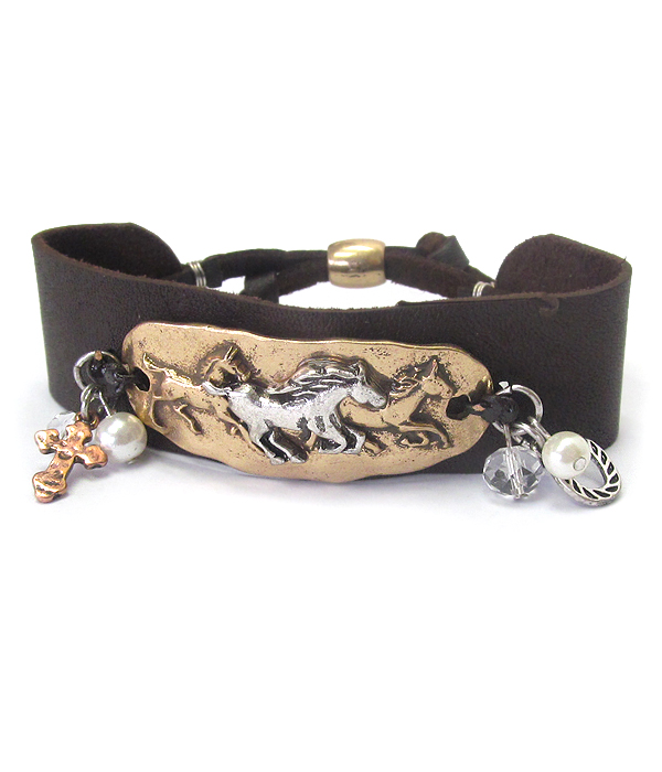 Horse theme leatherette pull tie bracelet