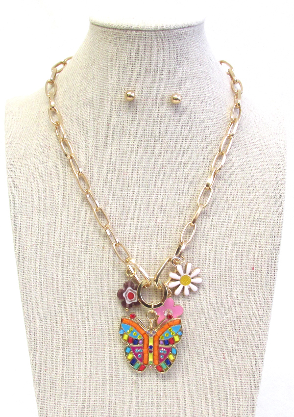 GARDEN THEME MULTI CHARM NECKLACE - BUTTERFLY FLOWER