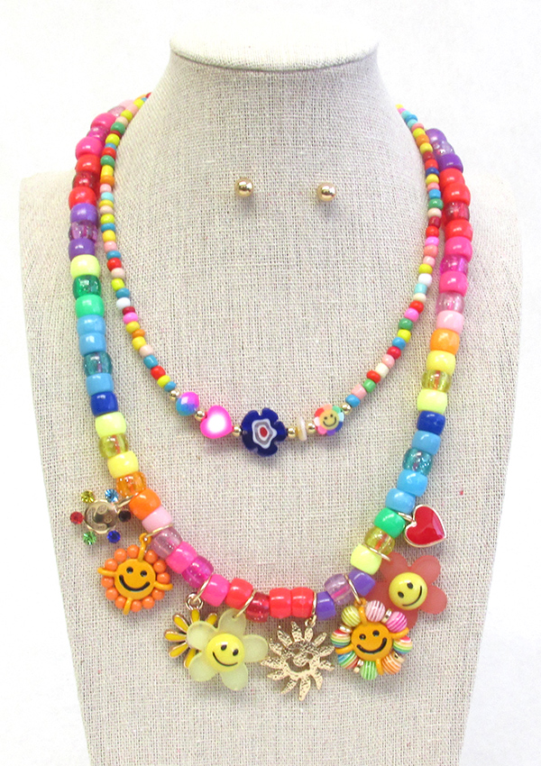 GARDEN THEME MULTI CHARM DOUBLE LAYER NECKLACE - FLOWER