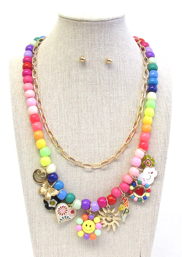 GARDEN THEME MULTI CHARM DOUBLE LAYER NECKLACE - BUTTERFLY FLOWER HEART