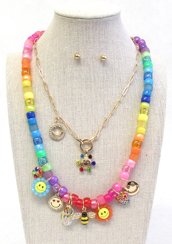 GARDEN THEME MULTI CHARM DOUBLE LAYER NECKLACE - BEE FLOWER