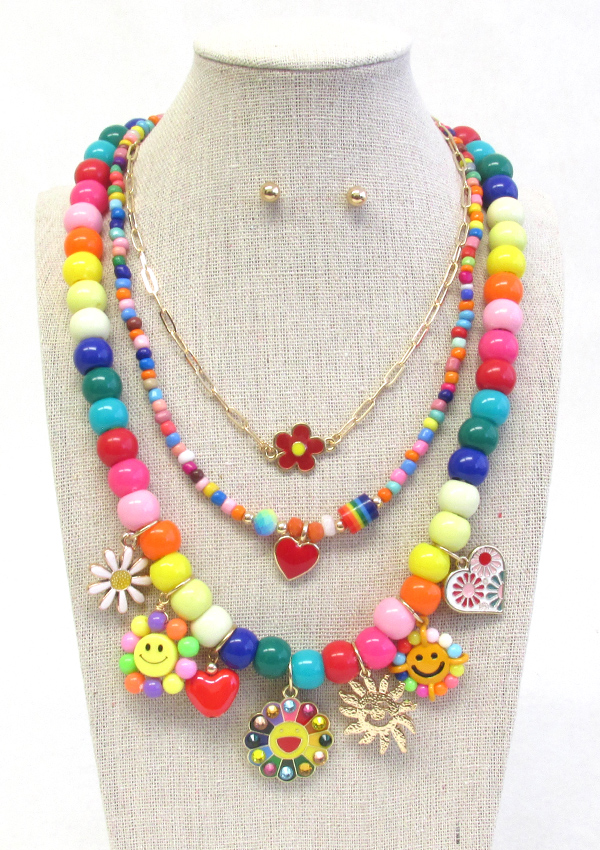 GARDEN THEME MULTI CHARM MULTI LAYER NECKLACE - FLOWER HEART