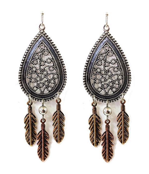 Metal filigree teardrop and feather drop earring