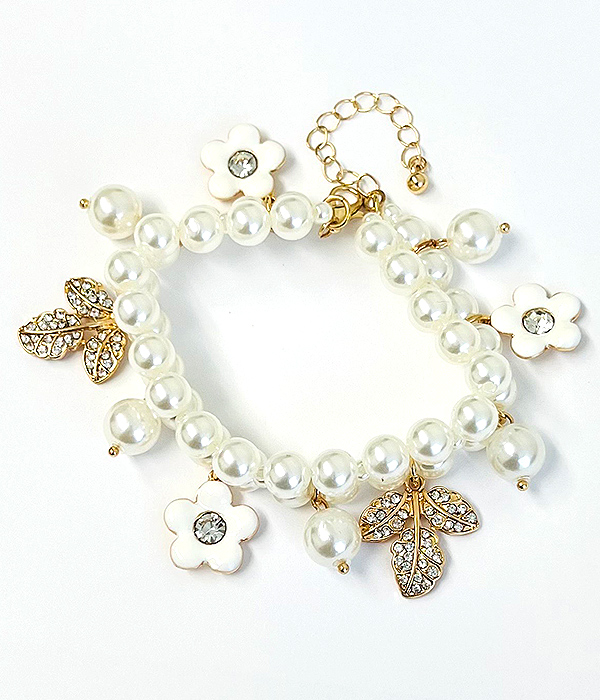 Double layer pearl chain and multi charm bracelet - flower leaf