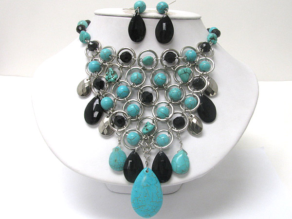 Multi metal ring link and natural stone bead drop necklace earring set