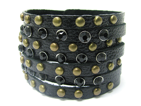 Crystal and metal sud multi row leather band wrist band
