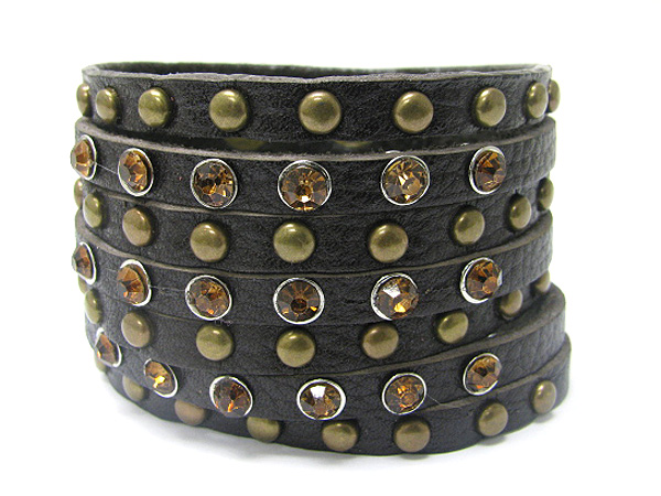 Crystal and metal sud multi row leather band wrist band 