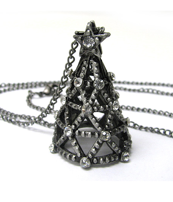 Burnish metal crystal stud christmas tree pendant long chain necklace