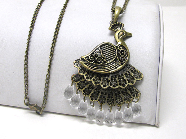 Burnish metal facet beads dangle peacock pendant long chain necklace