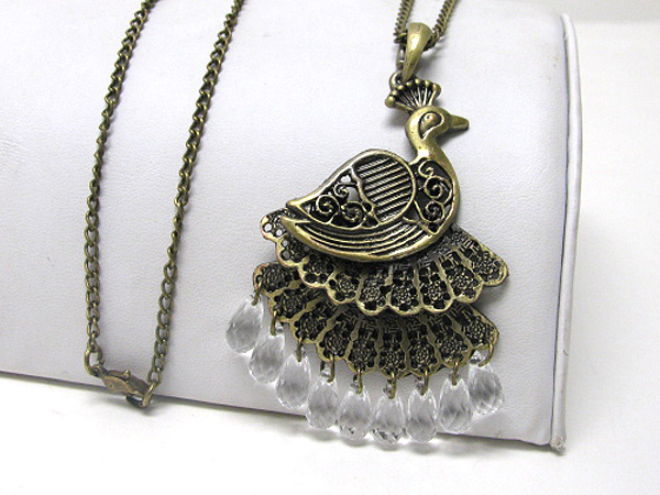 BURNISH METAL FACET BEADS DANGLE PEACOCK PENDANT LONG CHAIN NECKLACE