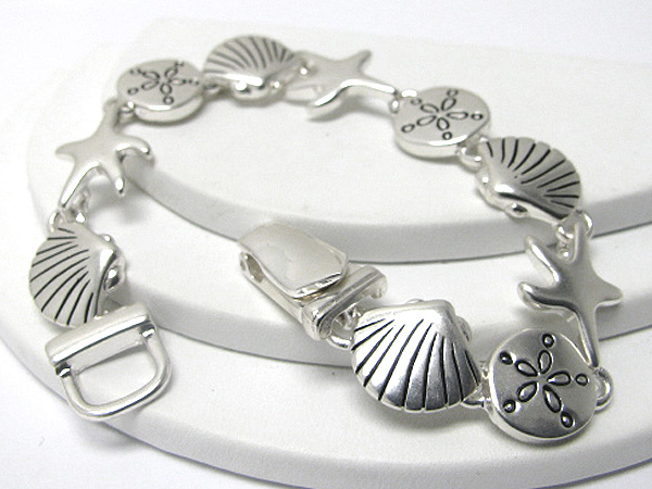 Sea animal theme textured metal disk link magnetic clasp bracelet