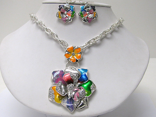Crystal and enamel deco metal flower pendant neckalce earring set